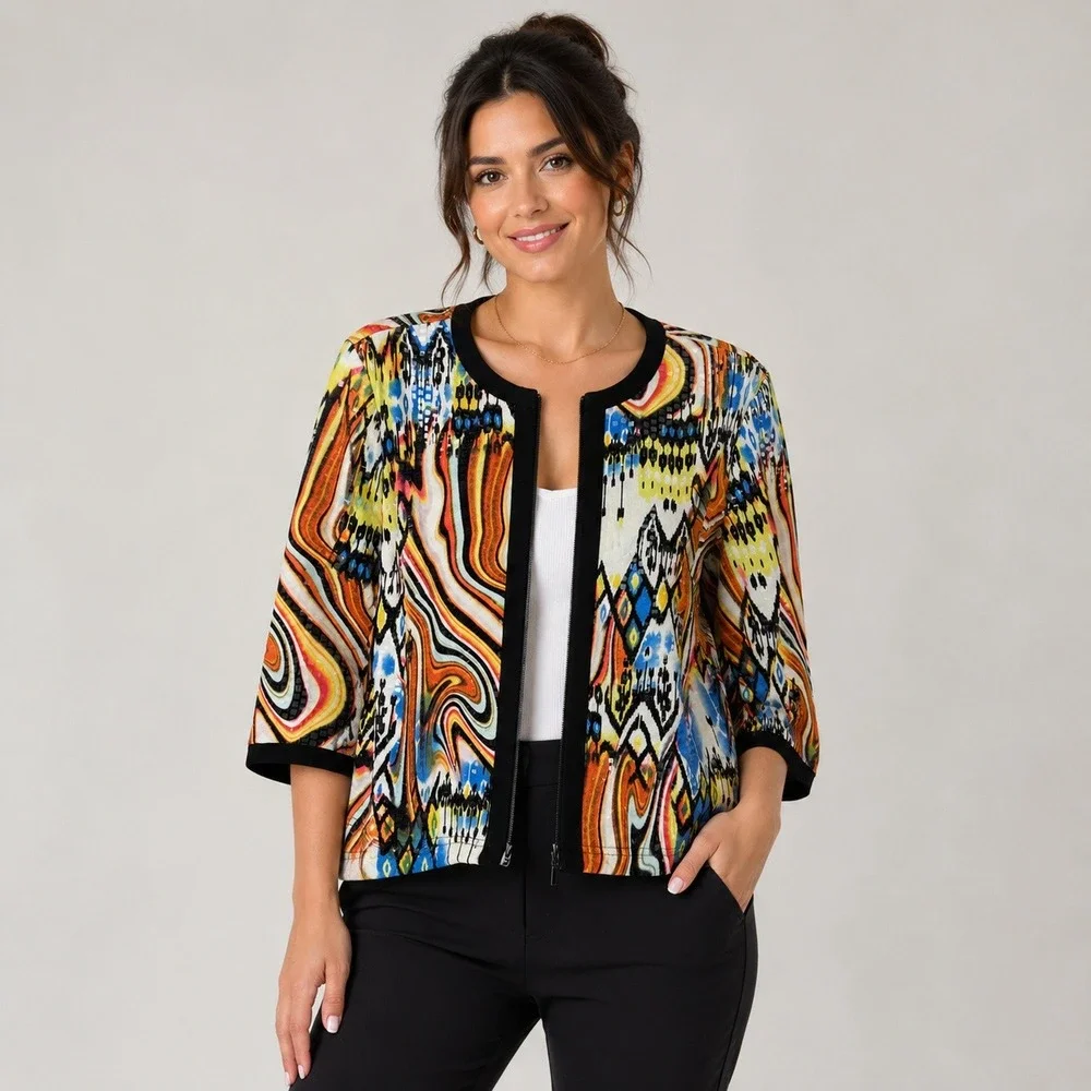 Joseph Ribkoff Zip Front Jacket Womens XL Multicolor Modern Abstract Sequined